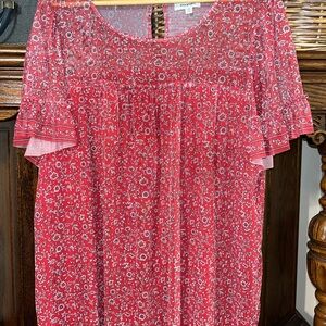Max Studio Red Floral Scoop Neck micro mesh Blouse